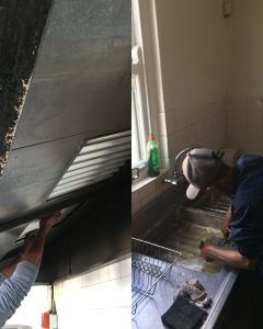 Extractor hood and kitchen deep cleaning in Somerset West by Boland Cleaning technicians removing grease build-up.