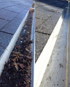 Before and after gutter cleaning in Strand showing removal of leaves and debris.