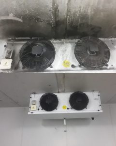 Before and after cleaning of commercial cold room extractor fans by Boland Cleaning in Epping, Cape Town.