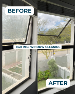 Before and after comparison of high rise window cleaning showing dirt removal and clear visibility by BCPC.