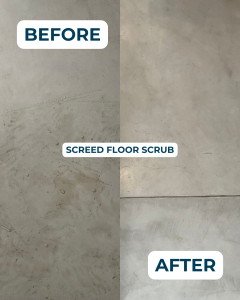Before and after screed floor deep scrub showing removal of dirt, stains, and surface buildup.