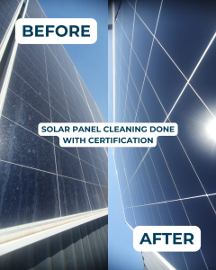 Before and after rooftop solar panel cleaning performed by trained BCPC technicians.