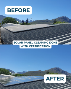 Before and after close up of solar panel cleaning showing dirt removal and improved surface clarity.