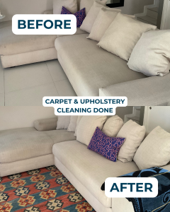 Before and after upholstery cleaning showing removal of dirt and stains from a fabric couch.