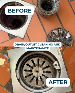 Before and after deep cleaning of a drain outlet showing removal of grease, debris, and blockages.