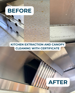Before and after kitchen extraction and canopy cleaning showing removal of grease buildup.