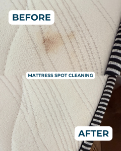 Before and after mattress spot cleaning showing removal of a dark stain from fabric.