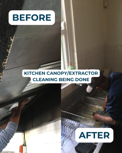 Before and after kitchen canopy extractor cleaning showing grease removal and professional cleaning work.
