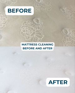 Before and after mattress cleaning showing removal of discolouration and brightened fabric.