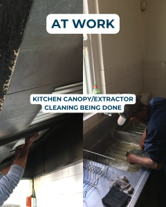 Certified BCPC kitchen canopy and extractor cleaning being performed in a commercial kitchen.