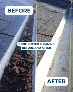 Before and after roof gutter cleaning showing removal of debris, leaves, and buildup.