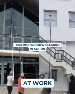 BCPC staff performing high rise window cleaning using water fed pole systems.