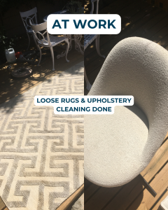 Before and after results of BCPC loose rug and upholstery cleaning.