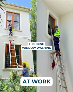 High rise window washing done by BCPC using secure ladder systems.