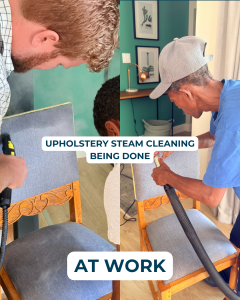 BCPC technician performing steam based upholstery cleaning on dining chairs.