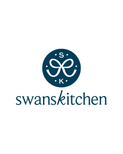 Swans Kitchen logo featuring a circular emblem and ribbon icon.