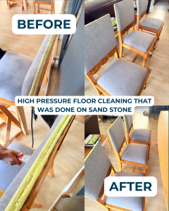 Before and after upholstery steam cleaning showing stain removal and refreshed dining chairs.