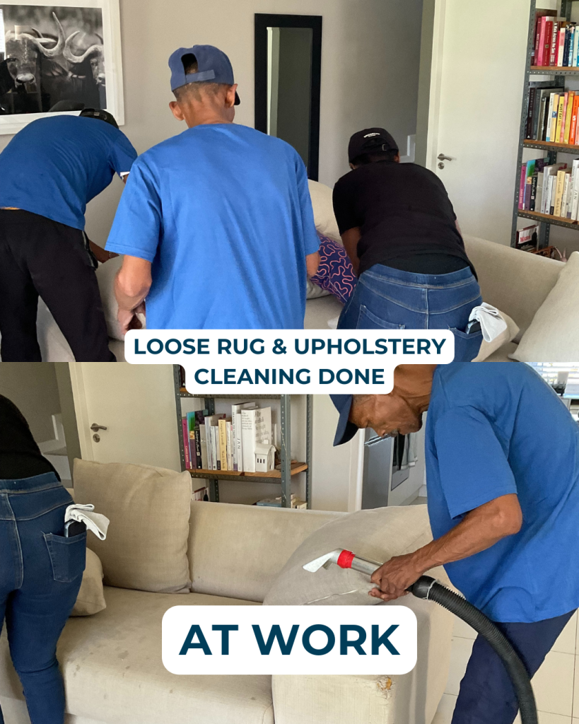 BCPC cleaning team professionally cleaning a loose rug and fabric couch inside a Cape Town home.